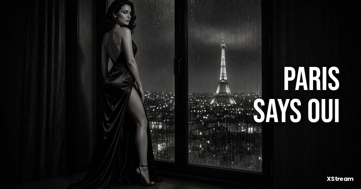 Noir photo of a woman in a black satin gown by a rainy Paris window with the Eiffel Tower, France and OnlyFans news