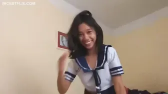 Asian Stepdaughter in Schoolgirl Outfit Sucks & Fucks Daddy’s Huge Cock