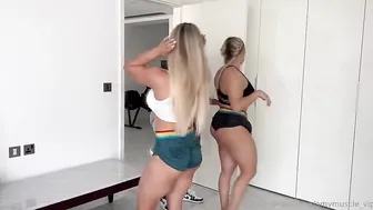 Kiera Jaston, Three Muscle Lesbian Babes Strapon Fucking Until They Soak The Mats