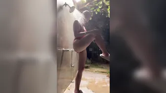 Lil Tay, Outdoor Night Shower in Red Swimsuit