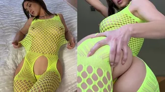 Natalie Roush, Big Asset Tease in Yellow Fishnet Bodysuit